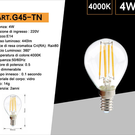 Lampadina led a filamento 4 watt g45 attacco E14 sfera in vetro luce fredda 6500k calda 3000k naturale 4000k enzoled