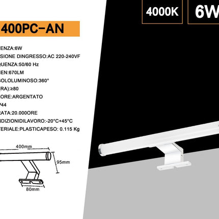 Lampada per specchio da bagno con doppia istallazione 6 watt applique a luce naturale 4000k IP44 colore argento enzoled