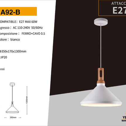 Lampadario a sospensione stile industriale lampada pendente attacco E27 luce tavolo cucina di colore nero o bianco enzoled