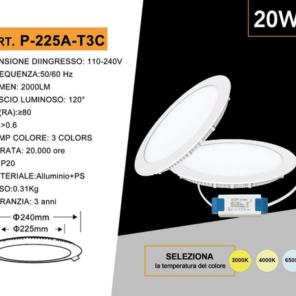 Pannello led incasso rotondo slim plafoniera 3 6 12 18 20 24 watt cct tre colorazione di luce fredda calda naturale selezionabile enzoled