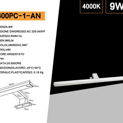 Lampada per specchio da bagno con doppia istallazione 9 watt applique a luce naturale 4000k IP44 colore argento enzoled
