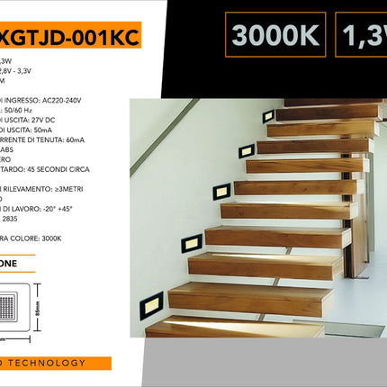 Faretto segnapassi con placca nera da muro con sensore di movimento pir 1,3 watt per cassetta 503 luce fredda 6500k calda 3000k naturale 4000k enzoled