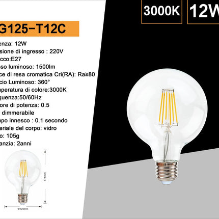 Lampadina led a filamento 12 watt attacco e27 globo 125 sfera a luce bianca 6500k calda 3000k naturale 4000k enzoled