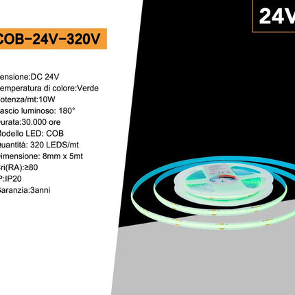 Strip led cob 24v strisci bobina 5 metri 50 watt 1600 lumen illuminazione per soggiorno cucina opne space enzoled