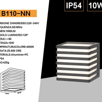 Applique da muro per esterno a led 10 watt lampada decorativa a strisce cubo nero da parete per facciata balcone terrazzo IP54luce fredda 6500k calda 3000k naturale 4000k enzoled