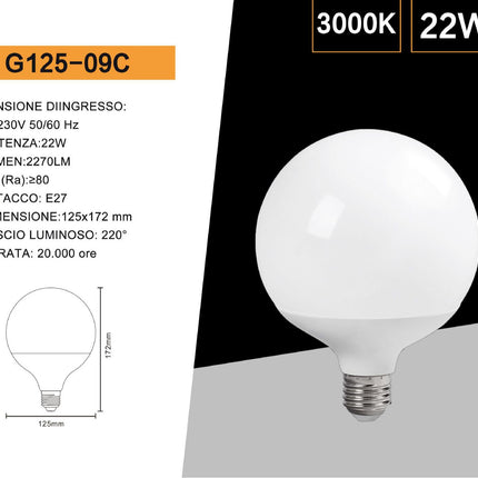 Lampadina a led 21 watt attacco e27 a globo G125 luce fredda 6500k calda 3000k naturale 4000k enzoled