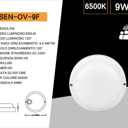 Plafoniera a led per esterno con sensore di movimento 9 watt 6500k tonda o ovale IP56 enzoled