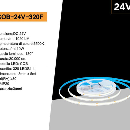 Strip led cob 24v strisci bobina 5 metri 50 watt 1600 lumen illuminazione per soggiorno cucina opne space enzoled