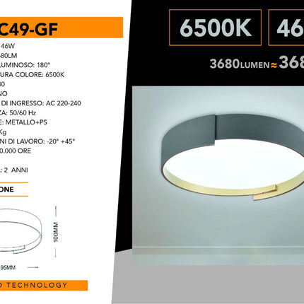 Plafoniera a led grigio 46 watt lampada moderno da soffitto rotonda luce fredda 6500k calda 3000k naturale 4000k enzoled