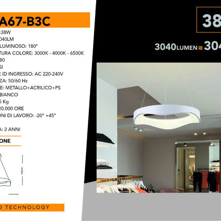 Lampadario a sospensione a led a onda 38 watt ultra moderna tre colorazione di luce fredda 6500k calda 3000k naturale 4000k enzoled