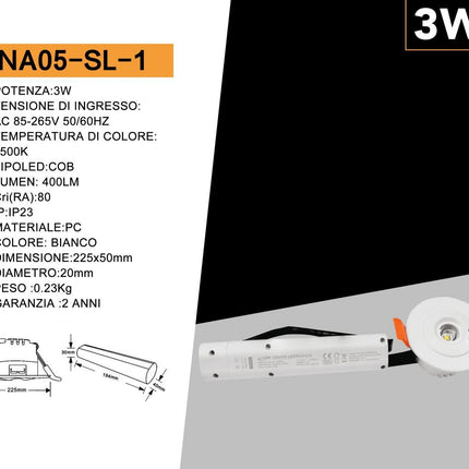 Faretto di emergenza da incasso 3 watt 1 led cob anti black out mini spot luce fredda 6500k enzoled