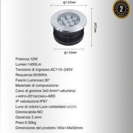 Luce Terra 12W 4500K IP67, Alluminio Vetro Acciaio ABS - Illuminazione Esterna enzoled