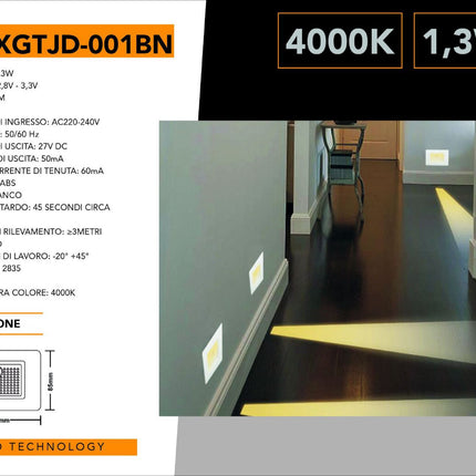 Faretto segnapassi con placca nera da muro con sensore di movimento pir 1,3 watt per cassetta 503 luce fredda 6500k calda 3000k naturale 4000k enzoled
