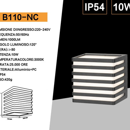 Applique da muro per esterno a led 10 watt lampada decorativa a strisce cubo nero da parete per facciata balcone terrazzo IP54luce fredda 6500k calda 3000k naturale 4000k enzoled