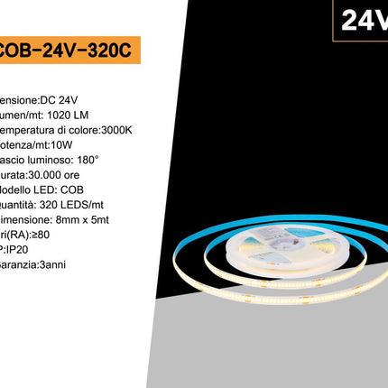 Strip led cob 24v strisci bobina 5 metri 50 watt 1600 lumen illuminazione per soggiorno cucina opne space enzoled