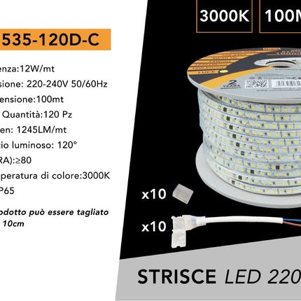 Striscia 120 led 3535 1 metro per interno ed esterno strip led flessibile 12 watt 220v luce fredda calda naturale IP65 enzoled