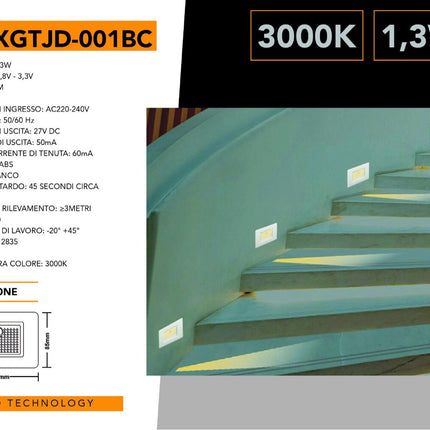 Faretto segnapassi con placca nera da muro con sensore di movimento pir 1,3 watt per cassetta 503 luce fredda 6500k calda 3000k naturale 4000k enzoled