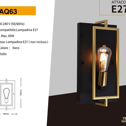 APPLIQUE A MURO IN METALLO NERO E BRONZO IN STILE INDUSTRIALE CON ATTACCO PER LAMPADINE E27 IP20 - enzoled