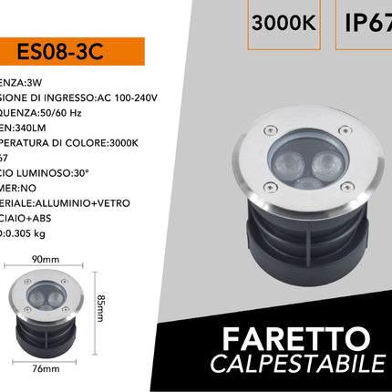 Faretto ad incasso calpestabile 3 led 3 watt segnapasso carrabile luce fredda 6500k calda 3000k naturale 4000k IP67 enzoled