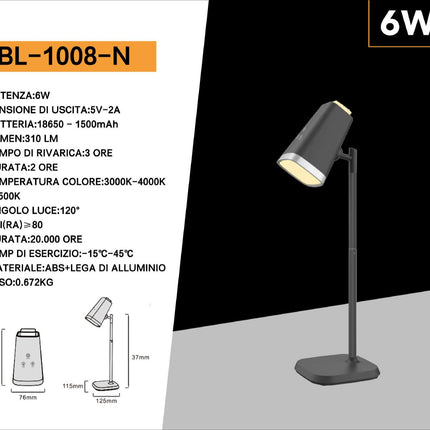 Lampada ricaricabile 2 in 1 da scrivania e applique da parete 6 watt dimmerabile cct 3 temperature in 1 enzoled
