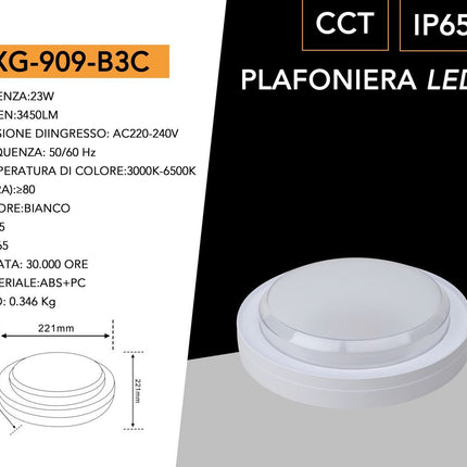 Applique da parete rotonda a led 23 watt plafoniera da soffitto per balconi giardino IP54 CCT switch enzoled
