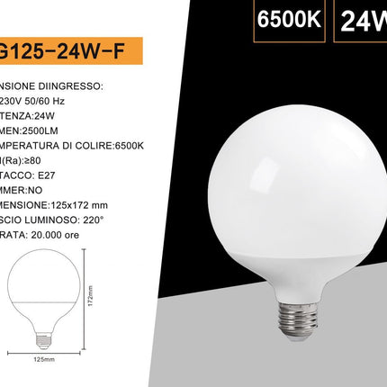 Lampadina a led 24 watt globo G125 E27 a sfera luce fredda 6500k calda 3000k naturale 4000k enzoled