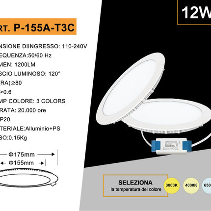 Pannello led incasso rotondo slim plafoniera 3 6 12 18 20 24 watt cct tre colorazione di luce fredda calda naturale selezionabile enzoled