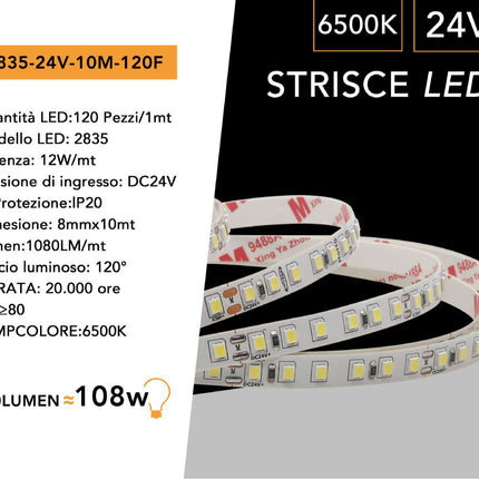 Striscia led 2835 strip bobina 10 metri 24 volt 1200 led smd luce fredda 6500k calda 3000k naturale 4000k ip20 enzoled