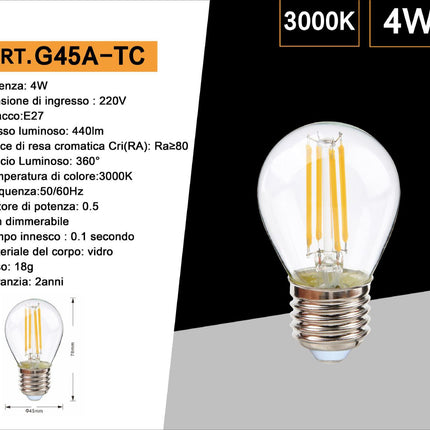 Lampadina led a filamento 4 watt g45 attacco e27 sfera in vetro luce fredda 6500k calda 3000k naturale 4000k enzoled