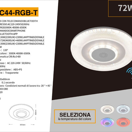 Plafoniera rgb 72 watt cassa bluetooth diffusore trasparente luce bianca calda naturale con telecomando dimmerabile APP enzoled