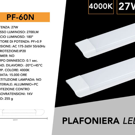 Plafoniera led slim sottopensile tubo neon 27 watt 60 cm per soffitto mensole ripiani luce fredda 6500k naturale 4000k calda 3000k enzoled
