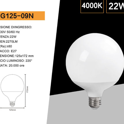 Lampadina a led 21 watt attacco e27 a globo G125 luce fredda 6500k calda 3000k naturale 4000k enzoled