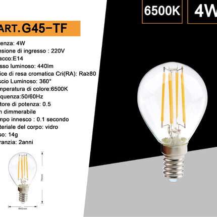 Lampadina led a filamento 4 watt g45 attacco E14 sfera in vetro luce fredda 6500k calda 3000k naturale 4000k enzoled