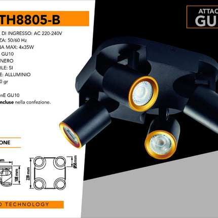 Plafoniera 4 diffusori orientabile da soffitto parete lampada tonda attacco GU10 per bagno soggiorno bianco o nero enzoled