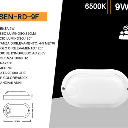 Plafoniera a led per esterno con sensore di movimento 9 watt 6500k tonda o ovale IP56 enzoled