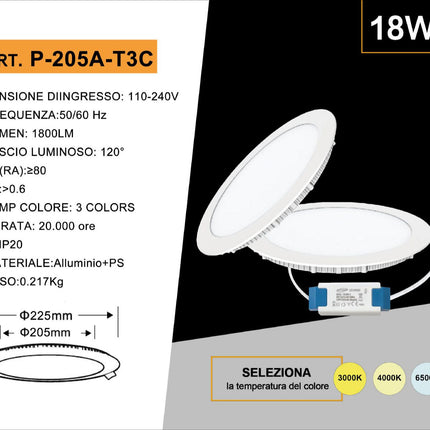 Pannello led incasso rotondo slim plafoniera 3 6 12 18 20 24 watt cct tre colorazione di luce fredda calda naturale selezionabile enzoled