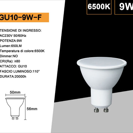 Faretto led 9 watt GU10 luce calda 3000k  naturale 4000k e fredda 6500k  opaco220° 220v lampada illuminazione enzoled