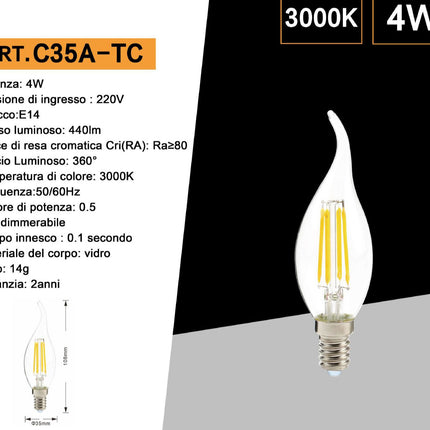 Lampadina in vetro a led a filamento 4 watt colpo di vento E14 luce fredda 6500k calda 3000l naturale 4000k enzoled