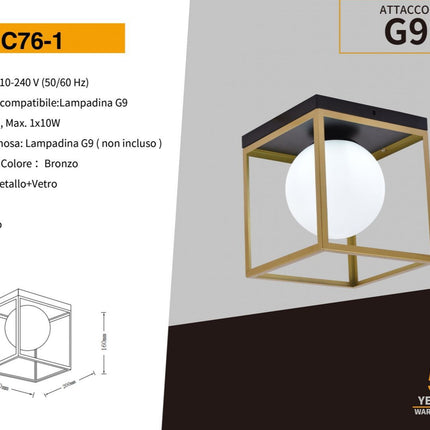 Plafoniera da soffitto minimalista lampada in metallo nero bronzo con sfera in vetro per camera da letto G9 enzoled