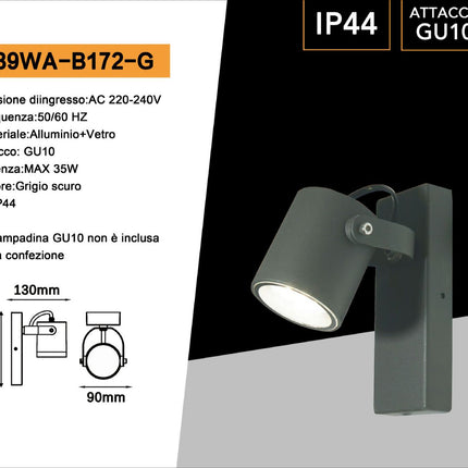 Applique da parete orientabile con attacco GU10 lampada da muro grigio luce da esterno IP44 enzoled