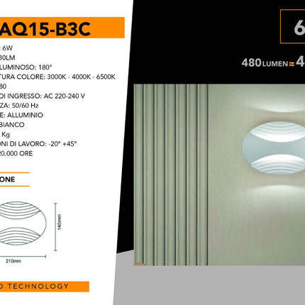 Applique a parete doppia emissione 6 watt a led lampada da muro ovale 3 modalità di luce calda fredda e naturale ( enzoled