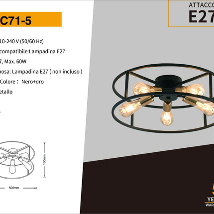 Plafoniera da soffitto stile industriale lampada in metallo nero con 5 portalampada oro E27 camera da letto soggiorno enzoled