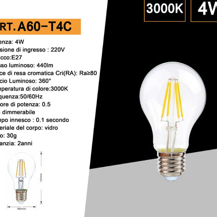 Lampadina led a filamento A60 8 watt sfera E27 luce fredda 6500k  calda 2700k naturale 4000k enzoled