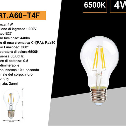 Lampadina led a filamento attacco E27 4 watt lampada in vetro luce fredda calda naturale enzoled