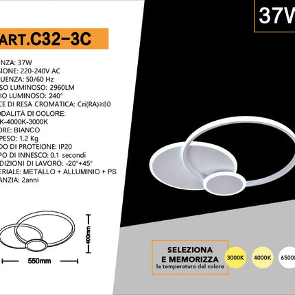 Plafoniera tonda a led a tripla colorazione di luce 37 watt ultra moderno di colore bianco enzoled