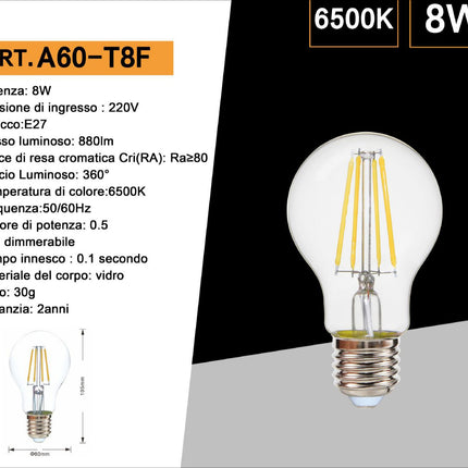 Lampadina led a filamento A60 8 watt sfera E27 luce fredda 6500k  calda 2700k naturale 4000k enzoled