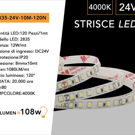 Striscia led 2835 strip bobina 10 metri 24 volt 1200 led smd luce fredda 6500k calda 3000k naturale 4000k ip20 enzoled