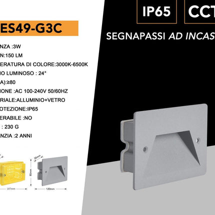 Faretto ad incasso per cassetta 503 segnapasso per esterno 3 watt tecnologia cct con switch IP65 enzoled