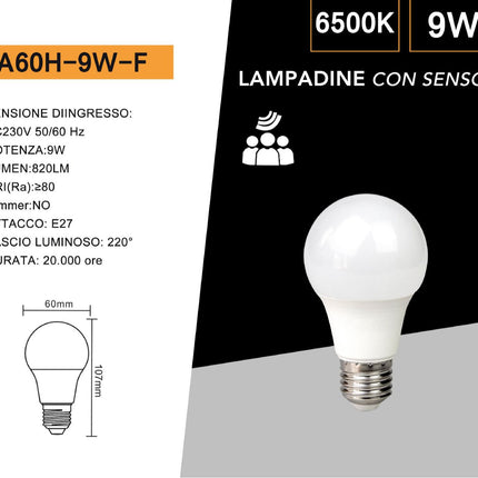 Lampadina led E27 9 watt con sensore di movimento a luce fredda 6500k lampada a sensore enzoled