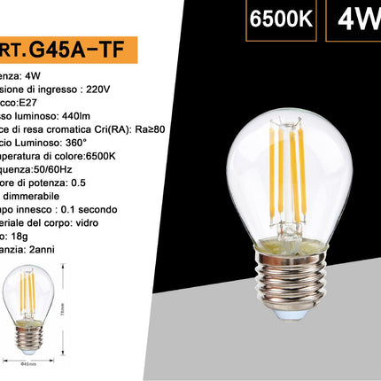 Lampadina led a filamento 4 watt g45 attacco e27 sfera in vetro luce fredda 6500k calda 3000k naturale 4000k enzoled